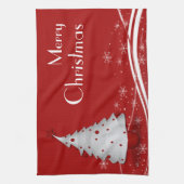赤い背景と白い木のクリスマス キッチンタオル (縦)