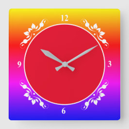 赤い背景と色数々の付き時計顔Sqクロック スクエア壁時計