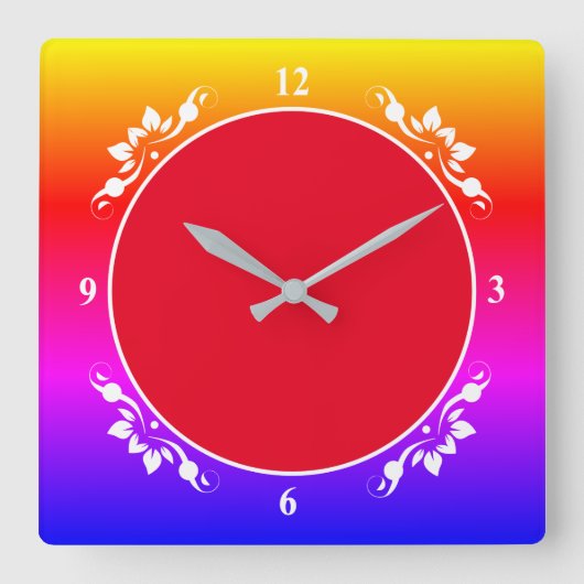 赤い背景と色数々の付き時計顔Sqクロック スクエア壁時計 (正面)