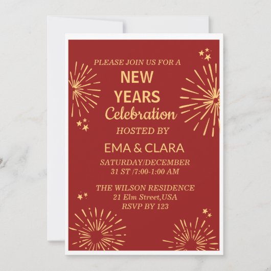 赤い背景と花火で楽しい新年 招待状 (正面)