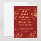 赤い背景と花火で楽しい新年 招待状 (正面/裏面)