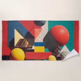 赤い背景にカラフルな幾何学図形 ビーチタオル