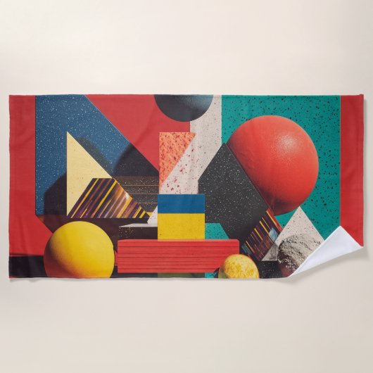 赤い背景にカラフルな幾何学図形 ビーチタオル (正面)