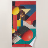 赤い背景にカラフルな幾何学図形 ビーチタオル (正面)