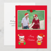 赤い背景にクリスマスのカスタム写真とキュートなエルフ (正面/裏面)