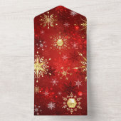 赤い背景にクリスマスのゴールドの雪の結晶 オールインワン招待状 (内側)
