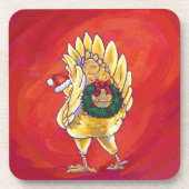 赤い背景にクリスマスのチキン コースター (正面)