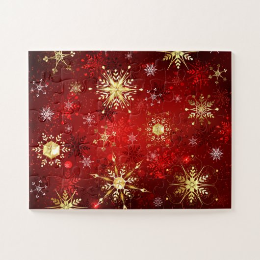 赤い背景にクリスマスの金の雪の結晶 ジグソーパズル (横)