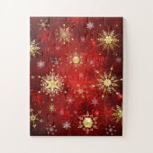 赤い背景にクリスマスの金の雪の結晶 ジグソーパズル (縦)