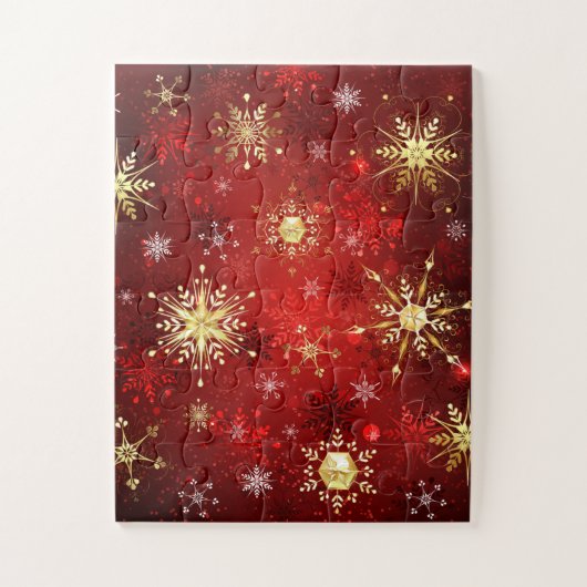 赤い背景にクリスマスの金の雪の結晶 ジグソーパズル (縦)