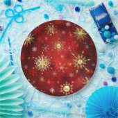 赤い背景にクリスマスゴールデンの雪片 ペーパープレート (パーティー)