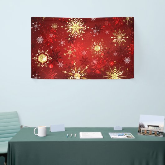 赤い背景にクリスマスゴールデンの雪片 横断幕 (トレードショー)