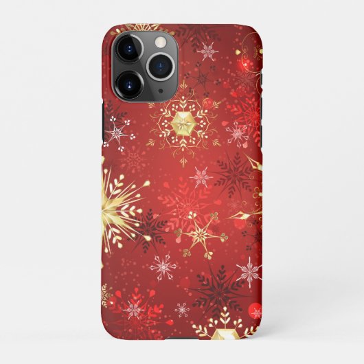 赤い背景にクリスマスゴールデンの雪片 iPhoneケース (裏面)