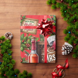 赤い背景にドリンクが入ったカクテルのクリスマスパーティ ラッピングペーパー