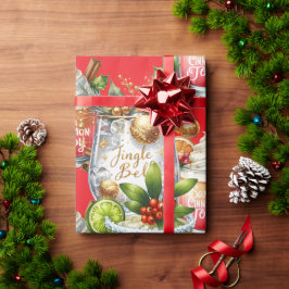 赤い背景にドリンクが入ったカクテルのクリスマスパーティ ラッピングペーパー