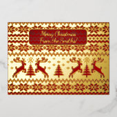 赤い背景にニット金ゴールドデールとクリスマスツリー 箔招待状 (正面)