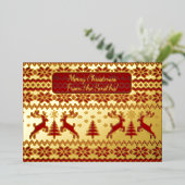 赤い背景にニット金ゴールドデールとクリスマスツリー 箔招待状 (立ち正面)