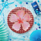 赤い背景にピンク色のハイビ点々のあるスカス ペーパープレート (パーティー)