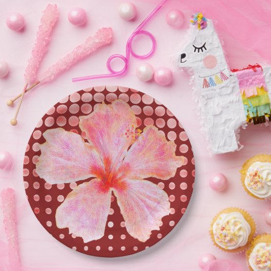 赤い背景にピンク色のハイビ点々のあるスカス ペーパープレート (パーティー)