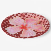 赤い背景にピンク色のハイビ点々のあるスカス ペーパープレート (アングル)