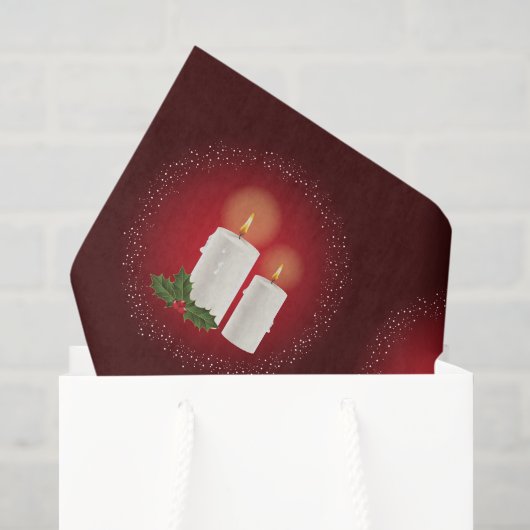 赤い背景にホーリーと白いクリスマスキャンドル 薄葉紙 (ギフトバッグ)