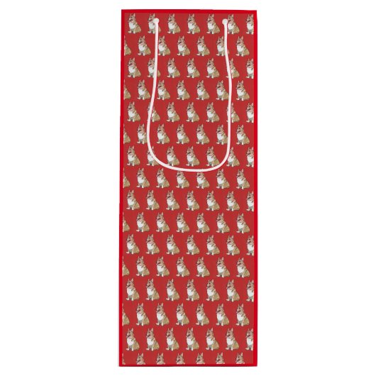 赤い背景に可愛いコギ模様 ワインギフトバッグ (正面)