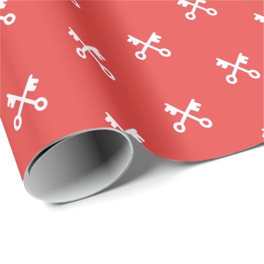 赤い背景に可愛い白い鍵 ラッピングペーパー (ロールコーナー)