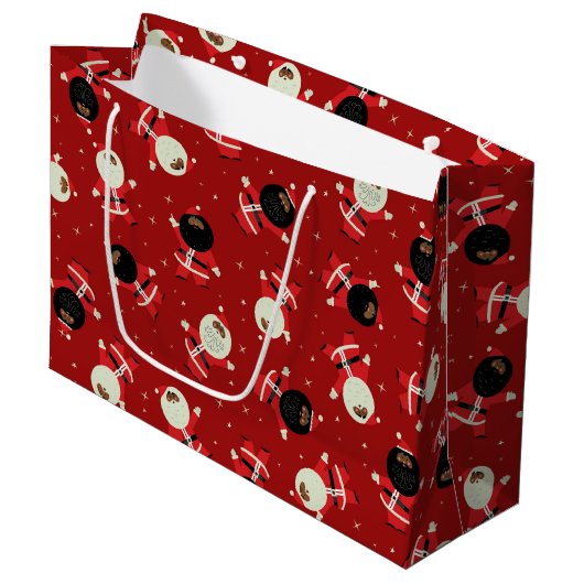 赤い背景に可愛い黒いパーティー模様 ラージペーパーバッグ (正面アングル)