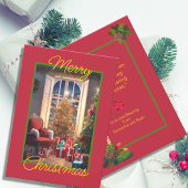 赤い背景に居心地の良いヴィンテージのクリスマスシーン シーズンカード