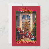 赤い背景に居心地の良いヴィンテージのクリスマスシーン シーズンカード (正面)