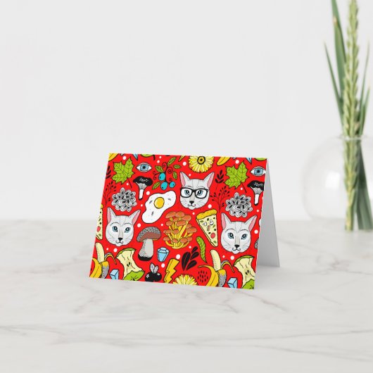 赤い背景に猫と卵 サンキューカード (正面)