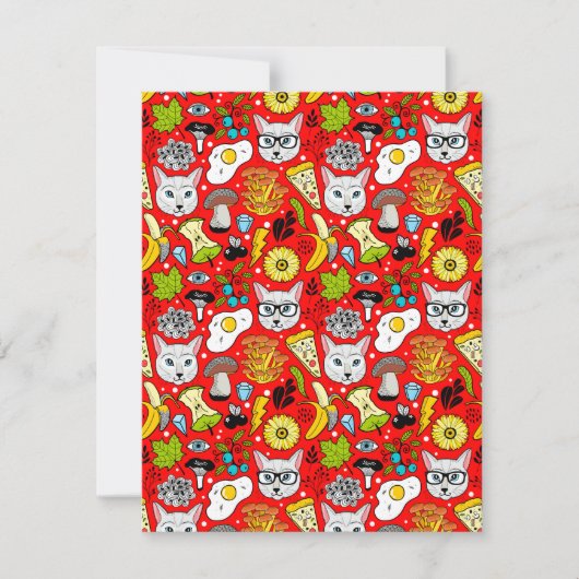 赤い背景に猫と卵 招待状 (正面)