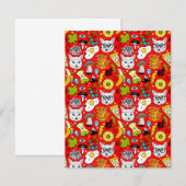 赤い背景に猫と卵 招待状 (正面/裏面)