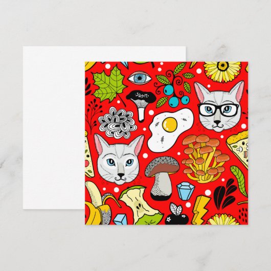 赤い背景に猫と卵 招待状 (正面/裏面)