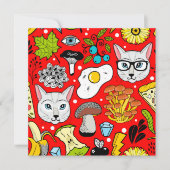 赤い背景に猫と卵 招待状 (正面)