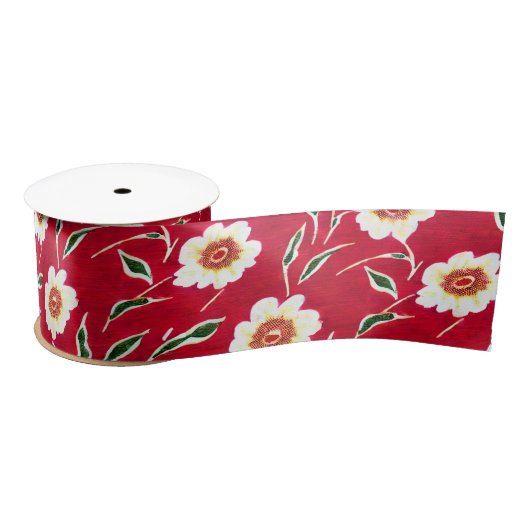 赤い背景に白い花 サテンリボン (リール)