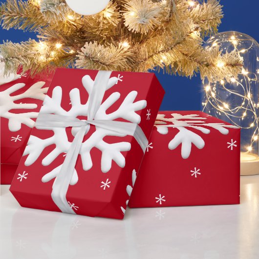 赤い背景に白い雪のクリスマス ラッピングペーパー (クリスマス)