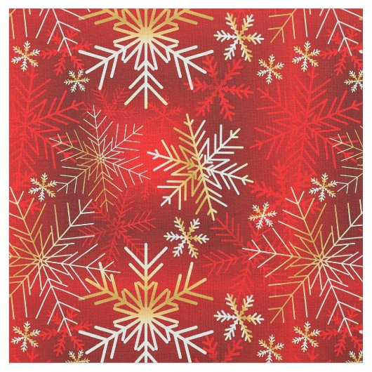 赤い背景に白と金ゴールドの雪片 ファブリック (クローズアップ)