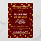 赤い背景に美しいシームレスな雪の結晶 箔招待状 (正面)