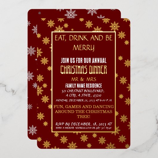 赤い背景に美しいシームレスな雪の結晶 箔招待状 (正面/裏面)