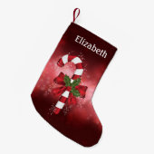 赤い背景に赤いキャンディ《写真》ぼけ味 スモールクリスマスストッキング (正面 (吊り時))