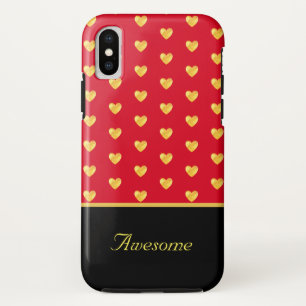 赤い背景に金のハートと黒い背景に書道がプリントされたデザイン iPhone X ケース