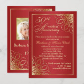 赤い背景に金の渦がおしゃれな50周年結婚記念写真 招待状 (正面/裏面)