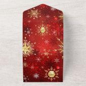 赤い背景に金の雪の結晶のクリスマス オールインワン招待状 (外側)