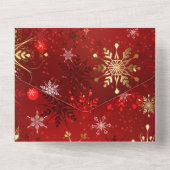 赤い背景に金の雪の結晶のクリスマス オールインワン招待状 (裏面)