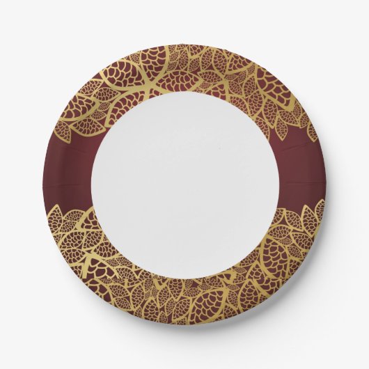 赤い背景に金色のリーフレース ペーパープレート (正面)