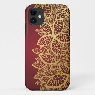 赤い背景に金色のリーフレース iPhone 11 ケース