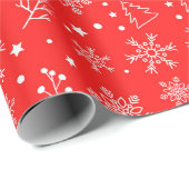 赤い背景に雪の結晶、星、植物の模様 ラッピングペーパー (ロールコーナー)