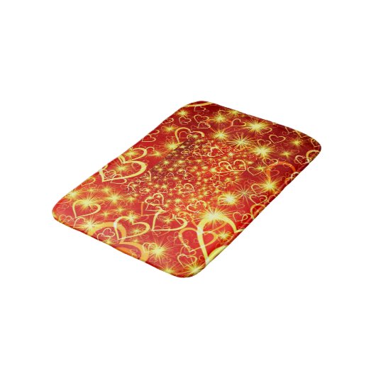 赤い背景に黄色のきらきらしたハート バスマット (アングル)