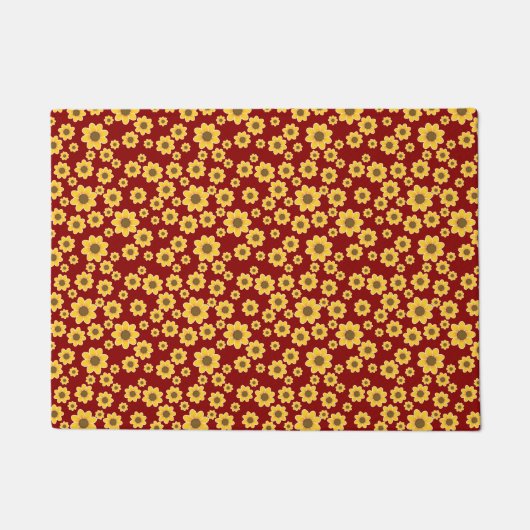 赤い背景に黄色の花のパターン – フローラ ドアマット (正面)